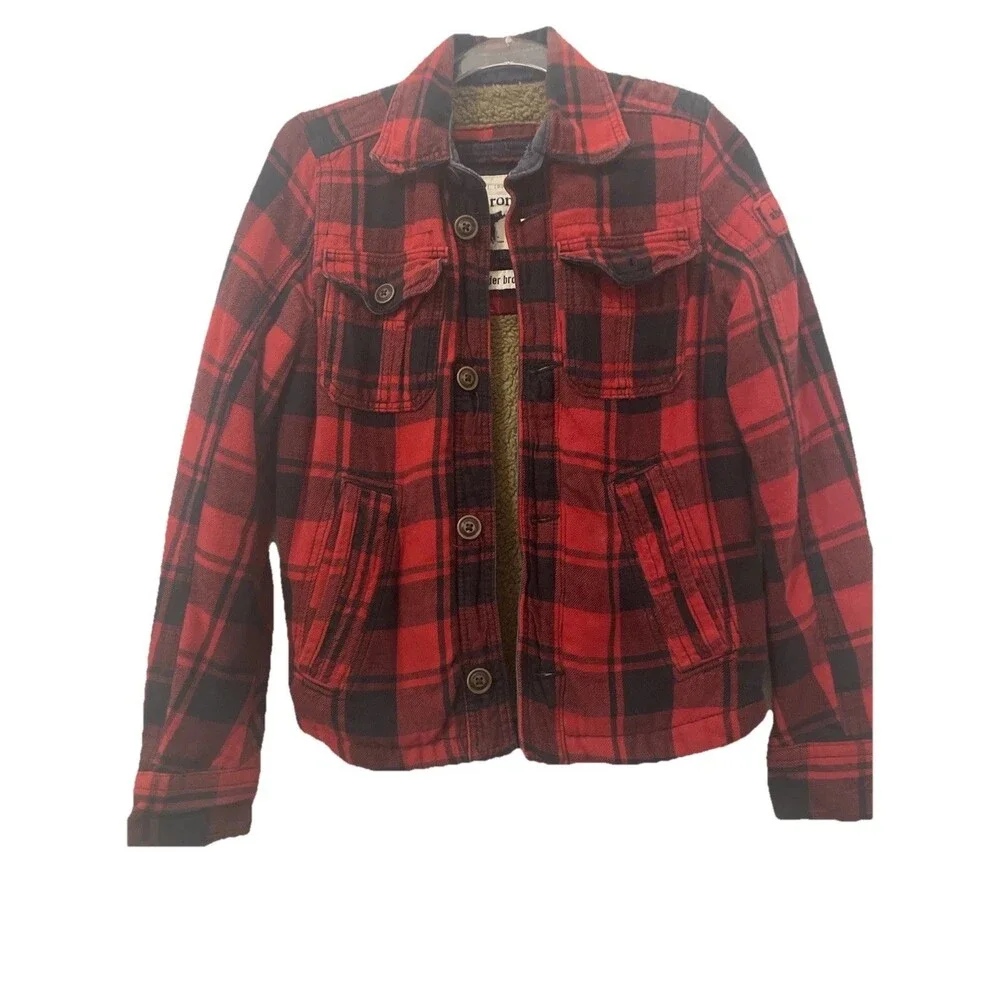 Abercrombie Fitch 9 10 Vintage Kids Boy's Heavy Flannel Shirt Jacket Med Sherpa